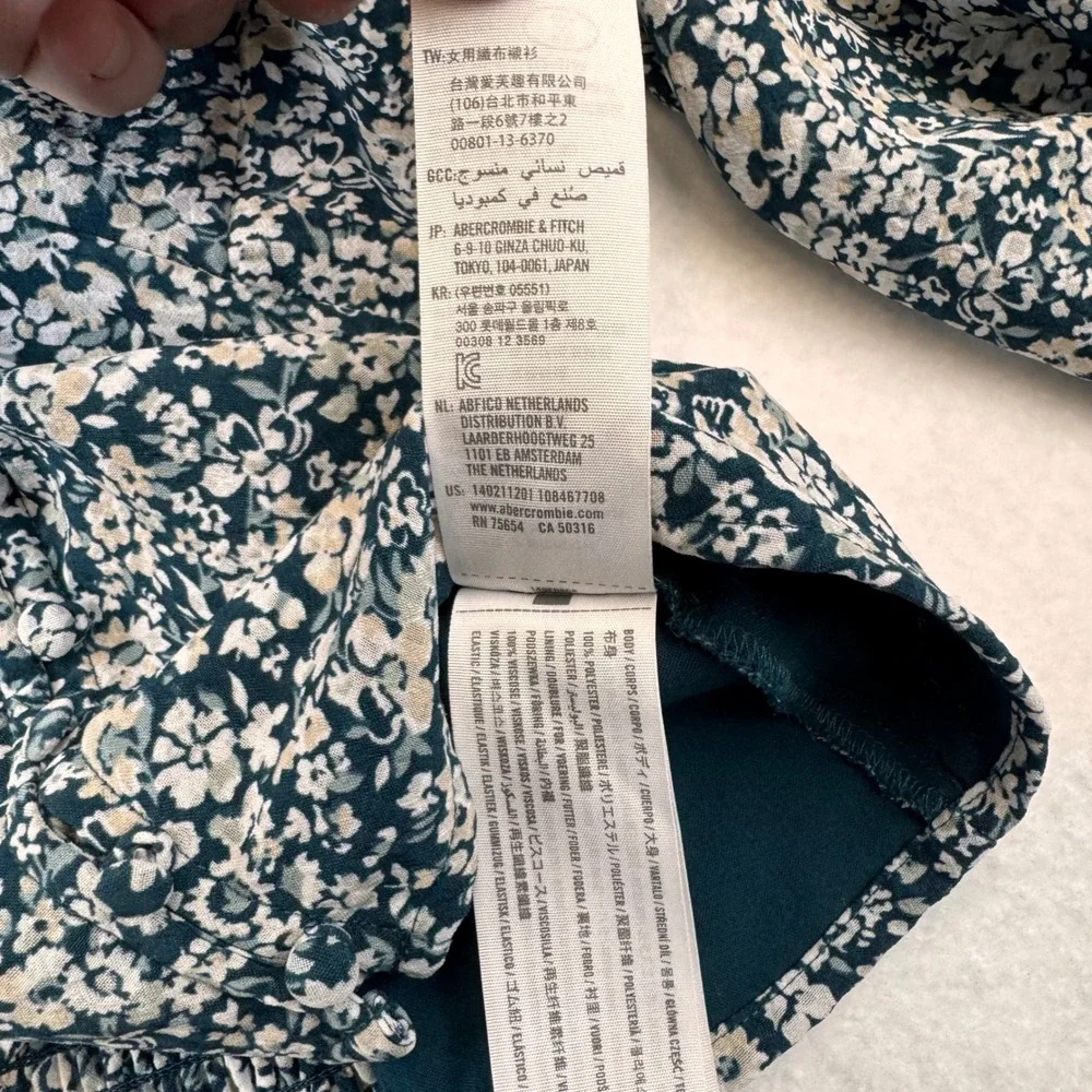 Abercrombie Fitch Floral Puff Sleeve Tie Back Blouse Top Womens M Emerald Green